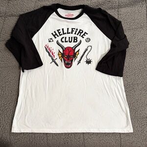 Netflix Hellfire Club Raglan Shirt - White & Black with Red Graphic